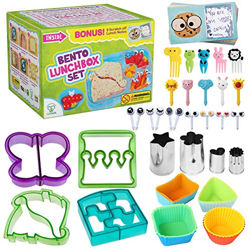 Product Cover Complete Bento Lunch Box Supplies and Accessories For Kids - Sandwich Cutter and Bread Crust Remover - Mini Vegetable Fruit cookie cutters - Silicone Cup Dividers - Food Picks and FREE Lunch Notes