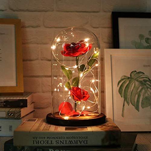 Product Cover URBANSEASONS Beauty and The Beast Rose Enchanted Rose,Rose Kit, Red Silk Rose and Led Light with Fallen Petals in Glass Dome on Wooden Base Valentine's Day Anniversary Birthday
