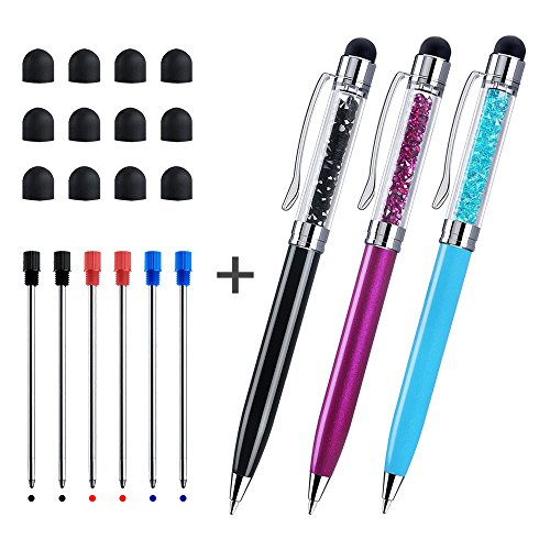 Product Cover Crystal Stylus Pens, CHAOQ 3 Pcs, Black, Red, Blue, Stylus Pen and Ballpoint Pens for Touch Screens iPad, iPhone, Tablet, Kindle, 1.0mm Medium Point Black Red Blue Ink, with 12 Extra Tip 6 Refills