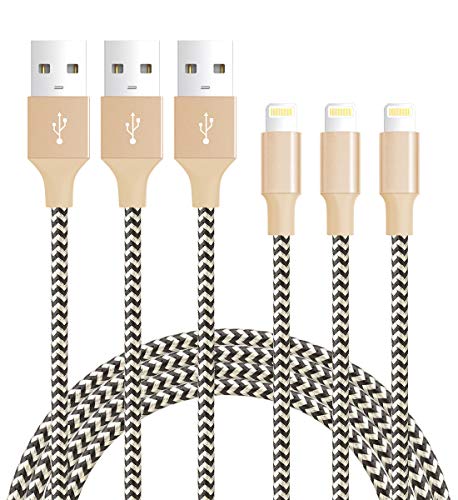 Product Cover MFI Certified Lightning Cable - 3 Pack 6FT Nylon Braided iPhone Charger Cable Compatible with iPhone Xs Max XR X 8 Plus 7 Plus 6 Plus 5s SE iPad Pro iPod Airpods and More - Black and Gold