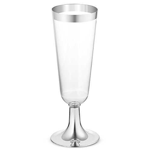 Product Cover 50 Plastic Silver Rimmed Champagne Flutes | 5.5 oz. Clear Hard Disposable Party & Wedding Cups | Premium Heavy Duty Fancy Champagne Flute or Toasting Glasses (50-Pack) Silver by Bloomingoods
