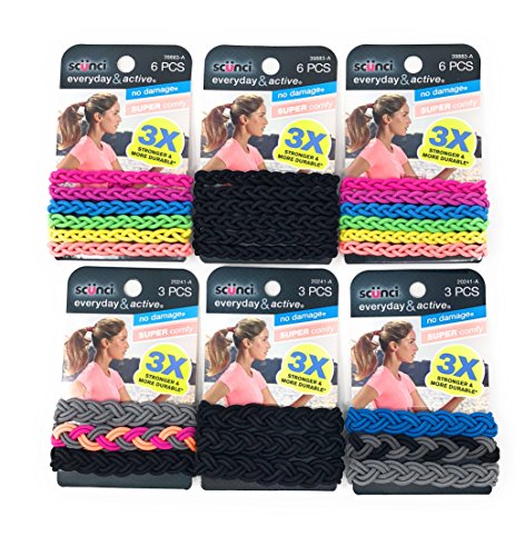 Product Cover Scunci Everyday & Active Braided No Damage and Super Comfy Hair Elastics Bundle (Assorted Colors) - Small (3 PK x 6 Pcs) and Large (3 PK x 3 Pcs)