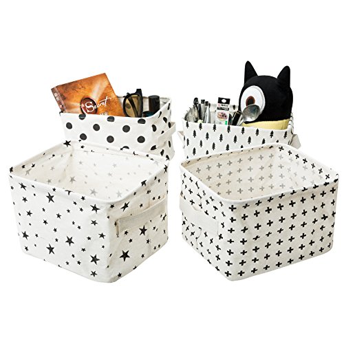 Product Cover Zonyon Small Canvas Storage Bins, Mini Cute Foldable Fabric Baby Storage Basket,Star Nursery Container with Handle for Toys,Makeup,Keys,Shelves,Desk,Liitle Items,Black and White,4 Packs