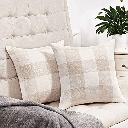 Product Cover Anickal Set of 2 Beige and White Buffalo Check Plaid Throw Pillow Covers Farmhouse Decorative Square Pillow Covers 18x18 Inches for Farmhouse Home Decor