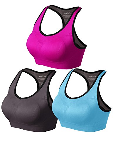 Product Cover Match Women Wirefree Padded Racerback Sports Bra for Yoga Workout Gym Activewear #001(1 Pack of 3(Gray Brown-Plum-Sky Blue),M)