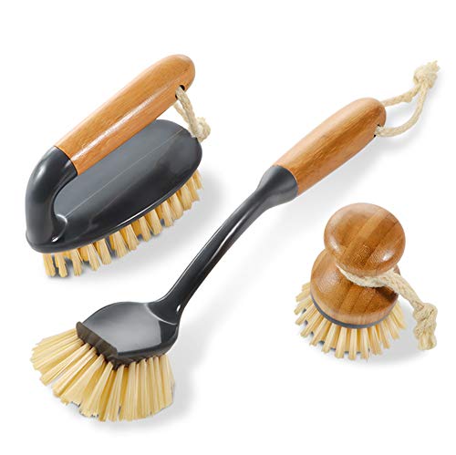 Product Cover 3PCS Household Bamboo Brushes Kitchen and Bathroom Cleaning Brushes,1 Scrub Brush,1 Pan Brush,1 Long Handle Dish Brush Masthome