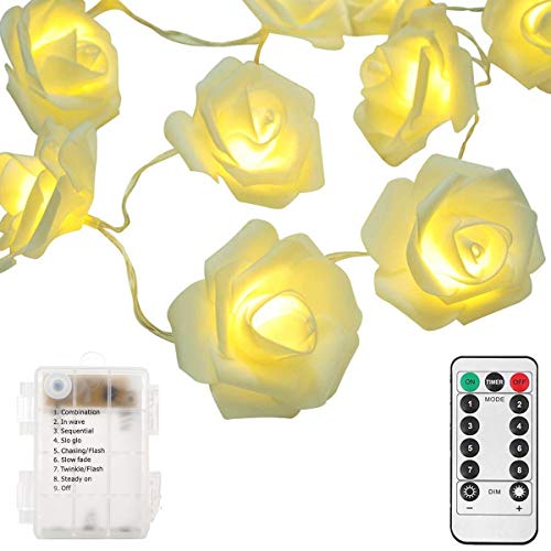 Product Cover echosari [Updated Version Battery Operated 15 ft 30 LED White Rose Flower Fairy String Lights with Remote for Valentine's, Wedding, Bedroom, Indoor Decoration (Dimmable, Timer, 8 Modes, Warm White)
