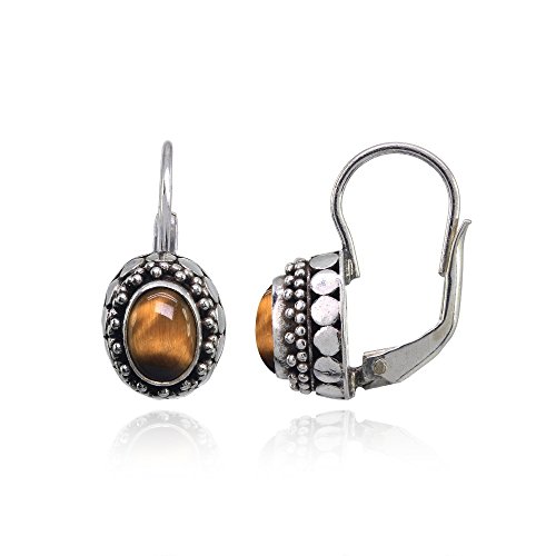 Product Cover Sterling Silver Simulated Tiger's Eye Thick Oxidized Bali Bead Leverback Drop Earrings