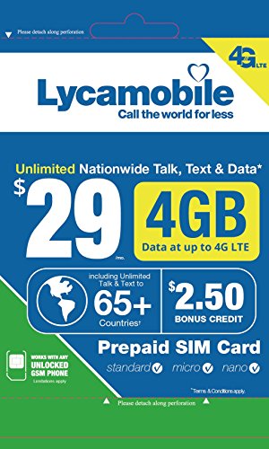 Product Cover Lycamobile Prepaid Plans SIM Card Triple Cut Unlimited NATL Talk & Text to US and 60+ Countries (29$Plan, 30days)