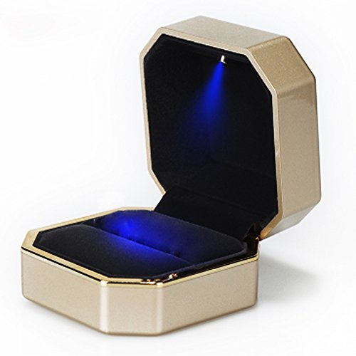 Product Cover AVESON Luxury Ring Box, Square Velvet Wedding Ring Case Jewelry Gift Box with LED Light for Proposal Engagement Wedding, Gold