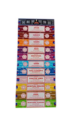 Product Cover Satya Incense Set 12 x 15gram Includes: Nag, Super Hit, Oodh, Positive Vibes, Namaste, Champa, Opium, Reiki, Spiritual Healing, Karma, Traditional Ayurveda and Meditation, Packs, Multi