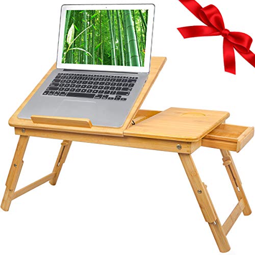 Product Cover Bamboo Laptop Desk Tray,Breakfast Serving Bed Trays, Adjustable Foldable with Flip Top and Legs, Computer Stand with Drawer-by QL-ben