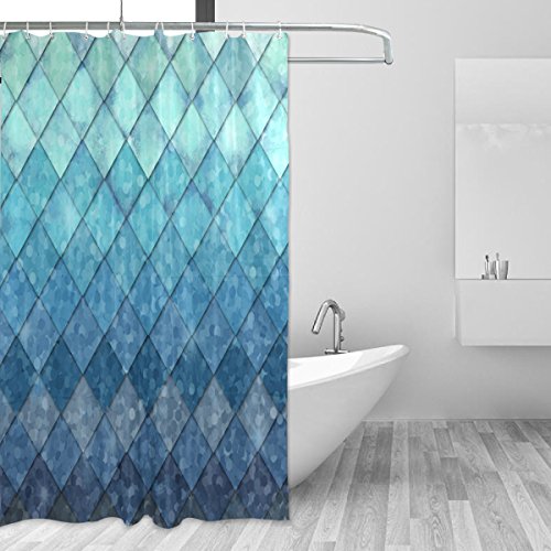 Product Cover ZOEO Shower Curtain Backdrop Ocean Blue Teal Mermaid Fish Scales Geometric Rhombus Bathroom Home Decor Set Fabric Bridal Polyester Washable Waterproof 12 Hooks for Women 60x72 inch