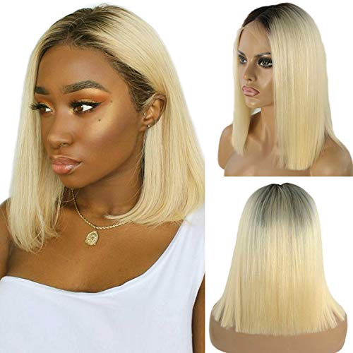 Product Cover Ombre Blonde Human Hair Bob Lace Front Wigs Brazilian Glueless Lace Frontal Wig 2 Tone 1B/613 Straight Remy Hair for Black Women Pre Plucked Bleached Knots Lace Wig 12
