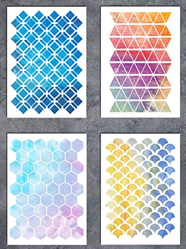Product Cover GSS Designs Patterns Stencil Template Set（4 Pack）- Hexagon Triangles Fish Scale Oriental A5(6x8.25 Inch) - Art Painting for Card Making Canvas Furniture(SL-017)