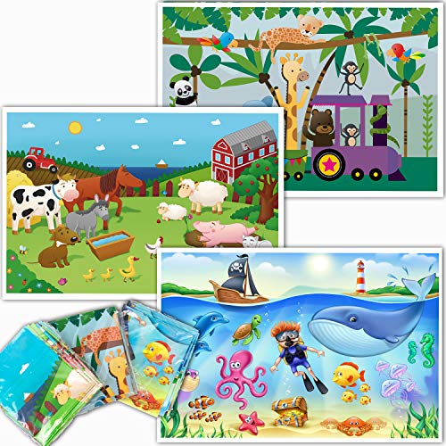 Product Cover Klean Kids Disposable Placemats for Baby and Kid's Table - Farm, Sea Life, Zoo Train Animals - Sticky Topper Adhesive Placemat for Restaurant- 60 Pack in 3 Designs