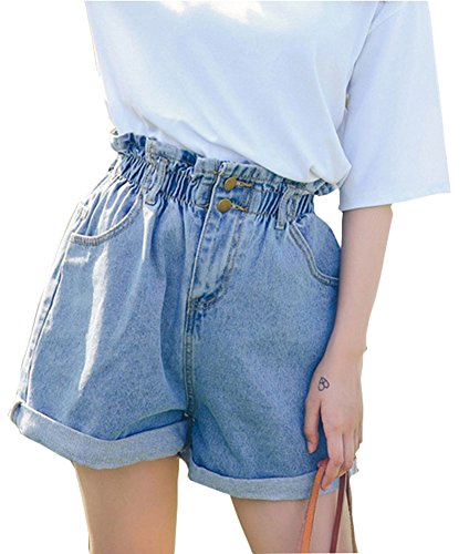 Product Cover Plaid&Plain Women's High Waisted Denim Shorts Rolled Blue Jean Shorts
