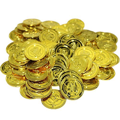 Product Cover 100 Pcs Plastic Pirate Gold coins Pirate Treasures Captain Pirate Toy Coins For Kids Party Theme Props Decoration Lucky Draw activities