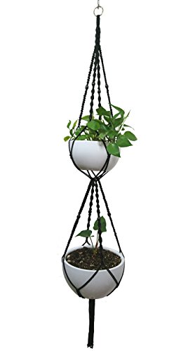 Product Cover Macrame Plant Hanger & Holder, Hanging Planter 4 Legs Double Deck for 8 inch to 10 inch Two Pots Indoor Outdoor Hanging Planter Hemp Rope 67 Inch with Metal Ring (Cotton-Black)