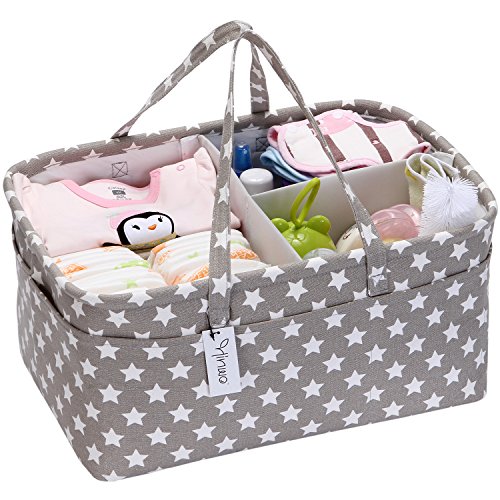 Product Cover Hinwo Baby Diaper Caddy 3-Compartment Infant Nursery Tote Storage Bin Portable Car Organizer Newborn Shower Gift Basket with Detachable Divider and 10 Invisible Pockets for Diapers & Wipes (Grey Star)