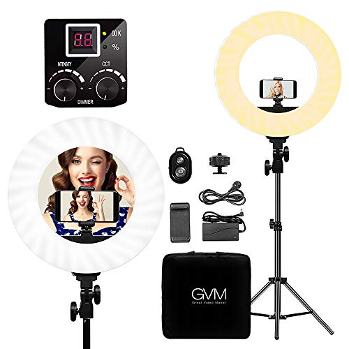 Product Cover GVM Great Video Maker GV14 LED Ring Light kit 14 inch, 256 Beads Eye Protection, Two-Color White/Yellow, with Bluetooth Receiver, Stand, Phone Holder, Power, Handbag，1 Year Warranty