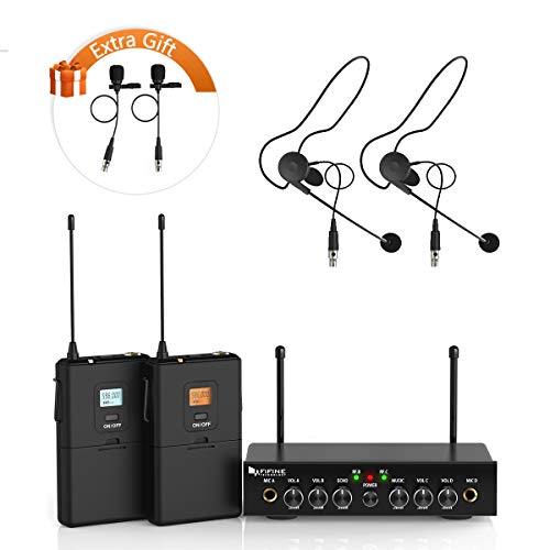 Product Cover Wireless Microphone System,Fifine UHF Dual Channel Wireless Microphone Set with 2 Headsets and 2 Lapel Lavalier Microphone.Ideal for Church, Weddings,Presentations,School Play-K038