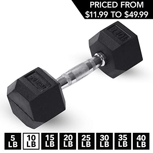 Product Cover Day 1 Fitness Rubber Hex Dumbbell Shaped Heads to Prevent Rolling and Injury - Ergonomic Hand Weights for Exercise, Therapy, Building Muscle, Strength and Weight Training - 10 lb Single
