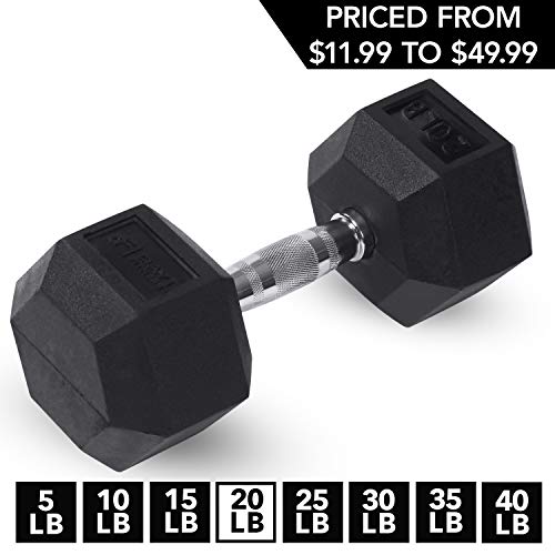 Product Cover Day 1 Fitness Rubber Hex Dumbbell Shaped Heads to Prevent Rolling and Injury - Ergonomic Hand Weights for Exercise, Therapy, Building Muscle, Strength and Weight Training - 20 lb Single