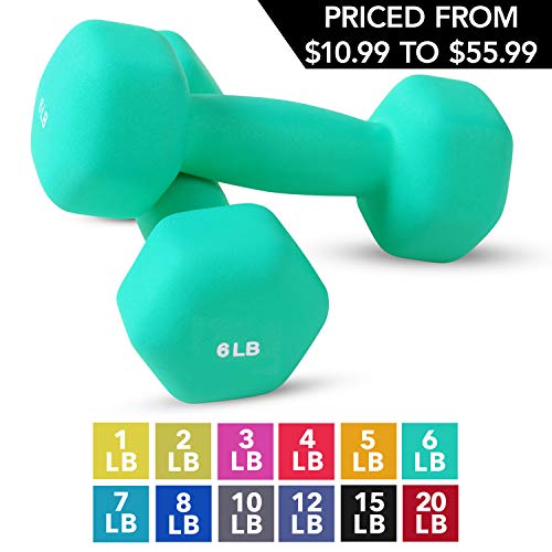 Product Cover Neoprene Dumbbell Pairs by Day 1 Fitness - 6 Pounds - Non-Slip, Hexagon Shape, Color Coded, Easy To Read Hand Weights for Muscle Toning, Strength Building, Weight Loss