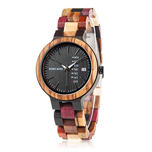 Product Cover Womens Wooden Watches Colorful Bamboo Watches with Week Date Display Handmade Natural Wood Casual Wirst Watches for Ladies, Female Perfect