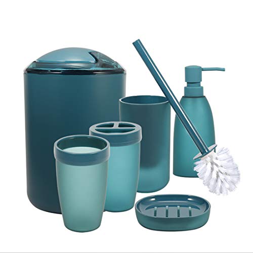 Product Cover iMucci Blue 6pcs Bathroom Accessories Set - with Trash Can Toothbrush Holder Soap Dispenser Soap and Lotion Set Tumbler Cup