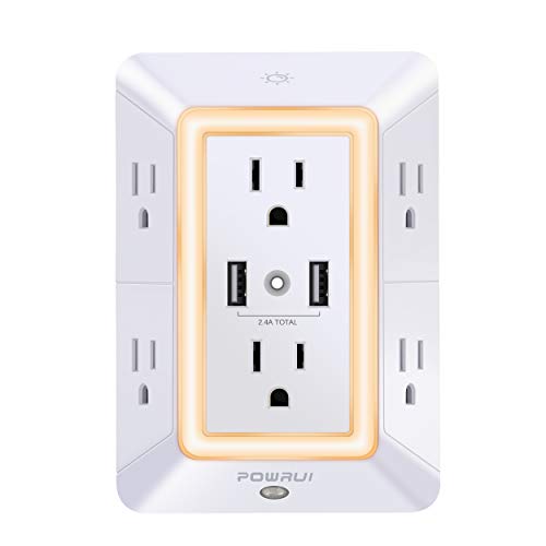 Product Cover USB Wall Charger, Surge Protector, POWRUI 6-Outlet Extender with 2 USB Charging Ports (2.4A Total) and Night Light, 3-Sided Power Strip with Adapter Spaced Outlets - White，ETL Certified