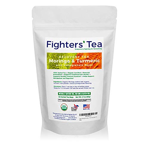 Product Cover Fighters Tea, USDA Organic Non GMO Caffeine-Free and Pomegranate Flavored Moringa and Turmeric Herbal Tea Bags (30ct) Packed With Antioxidants and Anti-Inflammatories To Support Immune Function