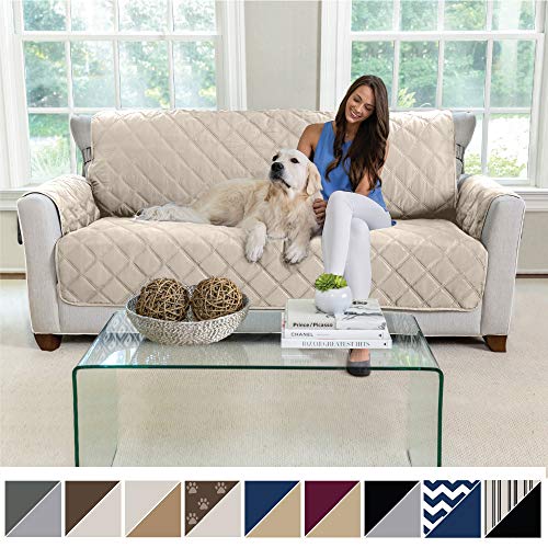 Product Cover MIGHTY MONKEY Premium Reversible Large Sofa Protector for Seat Width up to 70 Inch, Furniture Slipcover, 2 Inch Strap, Couch Slip Cover Throw for Pets, Dogs, Kids, Cats, Sofa, Beige Latte