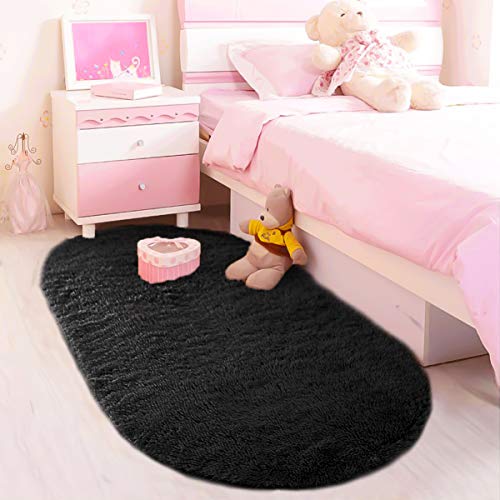 Product Cover LOCHAS Ultra Soft Children Rugs Room Mat for Kids Bedroom Bedside Modern Shaggy Area Rug Home Decor 2.6' x 5.3', Black