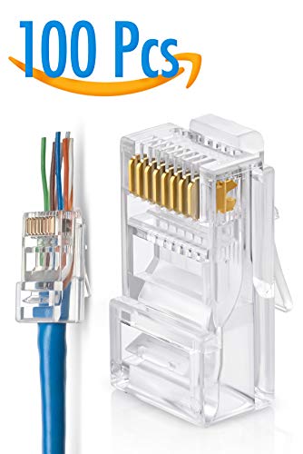 Product Cover RJ45 Cat6 Pass Through Connectors Pack of 100 | EZ Crimp Connector UTP Network Plug for Unshielded Twisted Pair Solid Wire & Standard Cables | Transparent Passthrough Ethernet Insert