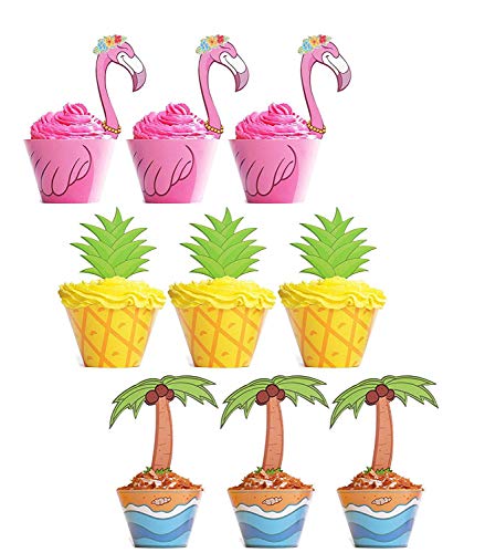 Product Cover 45 PCS Flamingo/Pineapple/Palm Cupcake Toppers Wrappers - Luau Tropical Hawaiian Pool Party Supplies Cake Decorations