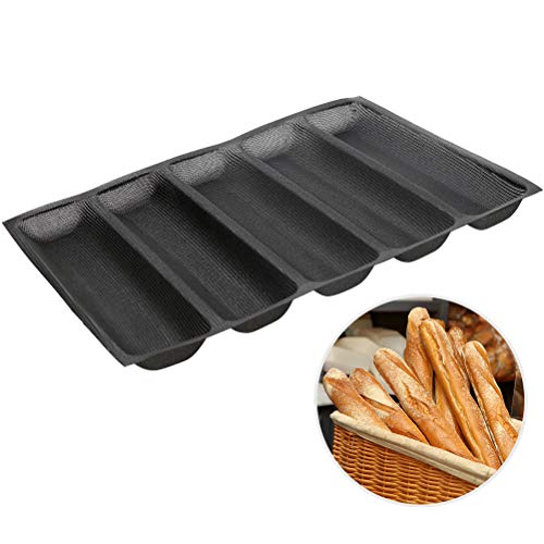 Product Cover Silicone Baguette Pan - Non-stick Perforated Fench Bread Pan Forms , Hot Dog Molds , Baking Liners Mat Bread Mould (5 Loaf, Black)