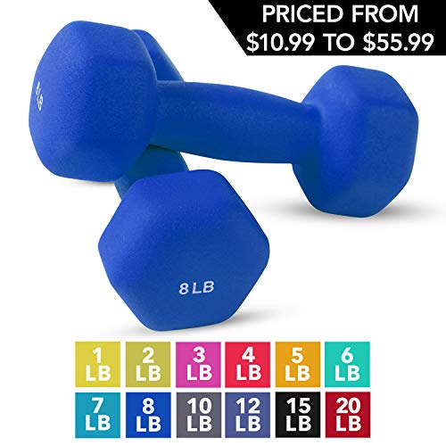 Product Cover Neoprene Dumbbell Pairs by Day 1 Fitness - 8 Pounds - Non-Slip, Hexagon Shape, Color Coded, Easy To Read Hand Weights for Muscle Toning, Strength Building, Weight Loss