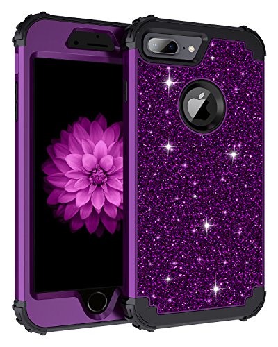 Product Cover Lontect Compatible iPhone 8 Plus Case Glitter Sparkle Bling Heavy Duty Hybrid Sturdy Armor High Impact Shockproof Protective Cover Case for Apple iPhone 8 Plus/7 Plus, Shiny Purple/Black