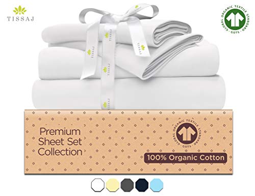 Product Cover Organic Cotton Bed Sheets Set - 500TC California King Size Ultra White - 4 Piece Bedding - 100% GOTS Certified Extra Long Staple, Soft Sateen Weave Bedsheets - Fits 15