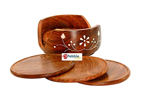 Product Cover PEBBLE CRAFTS Wooden Round Drink Coasters Set of 6 with Decorative Holder | Tabletop Coasters for Tea Coffee Cups Mugs Beer Cans Bar Glass for Office Home