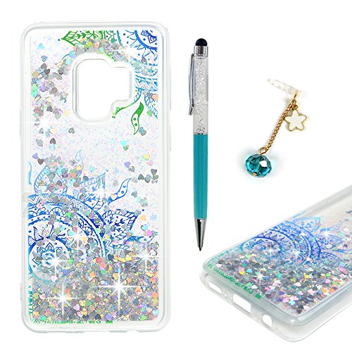 Product Cover ZSTVIVA S9 Case, Galaxy S9 Case, Liquid Glitter Case Bling Sparkle Flowing Love Heart Cover Dual Layer Clear TPU Bumper Shockproof Drop Resistant for Samsung Galaxy S9 Case Blue Mandala Totem Flower