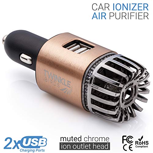 Product Cover Car Air Purifier Ionizer - 12V Plug-in Ionic Anti-Microbial Car Deodorizer with Dual USB Charger - Smoke Smell, Pet and Food Odors, Allergens, Viruses Eliminator for Car (Matte Copper)