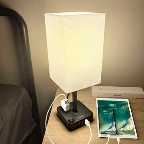 Product Cover COZOO USB Bedside Table & Desk Lamp with 3 USB Charging Ports and 2 Outlets Power Strip,Black Charger Base with White Fabric Shade, LED Light for Bedroom/Nightstand/Living Room