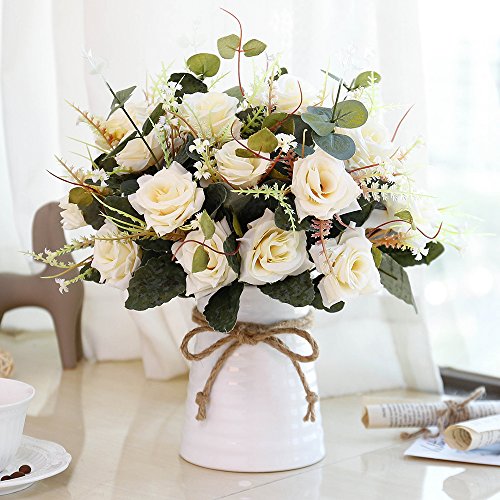 Product Cover YILIYAJIA Artificial Rose Bouquets with Ceramics Vase Fake Silk Rose Flowers Decoration for Table Home Office Wedding (Champagne)