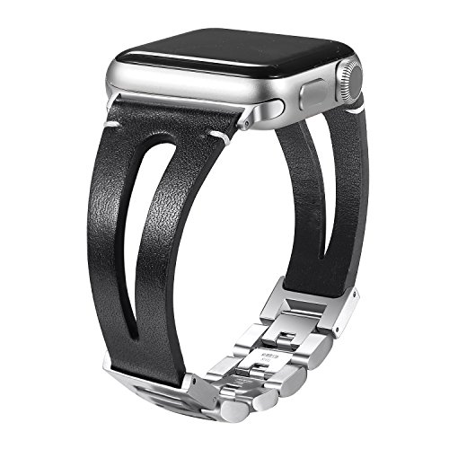 Product Cover Secbolt Leather Bands Compatible Apple Watch Band Series 4 & 5 40mm, Series 3/2/1 38mm, Handmade Vintage Leather Bracelet, Hollowed Black