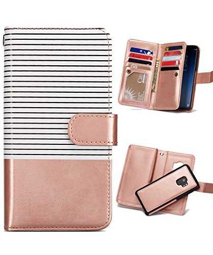 Product Cover FLYEE Samsung S9 Case,Galaxy S9 Wallet Case, 9 Card Slot PU Leather Magnetic Protective Cover and Wrist Strap for Samsung Galaxy S9 5.8 inch Rose Gold