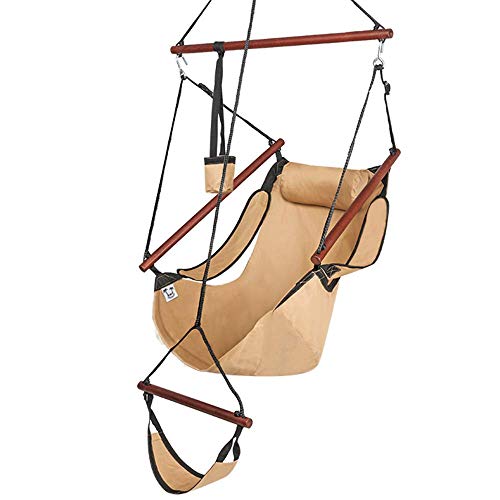 Product Cover ONCLOUD Upgraded Unique Hammock Hanging Sky Chair, Air Deluxe Swing Seat with Rope Through The Bars Safer Relax with Fuller Pillow and Drink Holder Solid Wood Indoor/Outdoor Patio Yard 250LBS (Tan)
