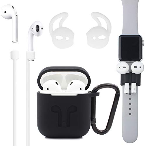 Product Cover XORDING 2019 Newest AirPods Case, Accessories Set/AirPods Ear Hook/AirPods Watch Band Holder/Keychain/AirPods Strap/Silicone Cover/Best Kit for Apple AirPods 1 or AirPods 2 Charging (Black Kit)